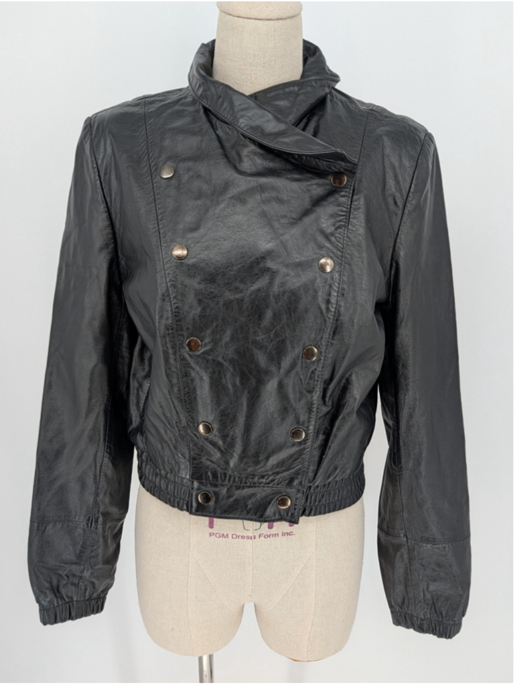 Vintage 80s Berman's Black Leather Cropped Double Breasted Moto Jacket